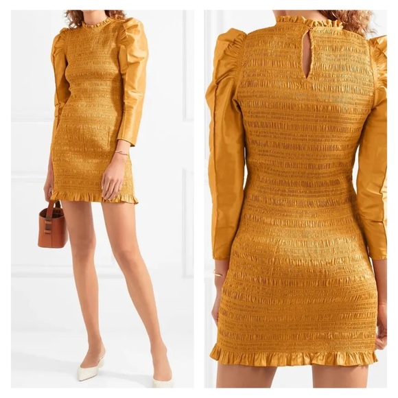 ULLA JOHNSON Aurele dress gold mini silk 4 puff sleeve smocked shirred NWOT - Picture 4 of 15